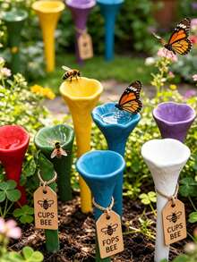 5pcs Colorful Bee Watering Set, Including Colorful Bee Watering Cup, Colorful Bee Watering Station With Wooden Base, Suitable For Outdoor, Garden, Balcony, Potted Plants, Creative Gardening Decor, Practical Gardening Tool - Multicolor - View 1
