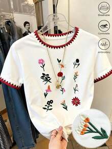 Camiseta de mujer de manga corta con cuello redondo, bordado floral, estilo minimalista, regalo para amigos - Blanco 3 - Ver 5