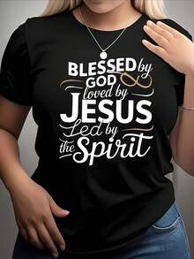 Plus Size - Women's Plus Size Short Sleeve Crew Neck T-Shirt, Ideal For Summer, With A Loose Fit And A 'Lucky Bingo' Print. This Casual Plus Size T-Shirt Is Designed To Offer Comfort And Style. - 黑色 - 查看 1