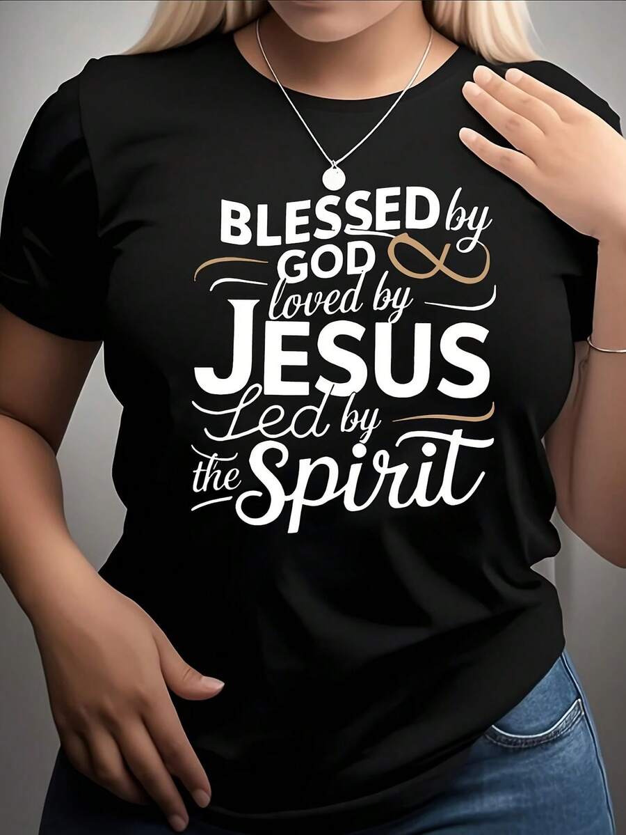 Plus Size - Women's Plus Size Short Sleeve Crew Neck T-Shirt, Ideal For Summer, With A Loose Fit And A 'Lucky Bingo' Print. This Casual Plus Size T-Shirt Is Designed To Offer Comfort And Style. - 黑色 - 查看 1