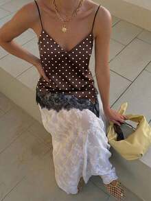 Camiseta elegante y sexy de mujer con estampado de leopardo y encaje en contraste, camiseta de estampado de leopardo elegante, top de fiesta, atuendos de playa y vacaciones para mujeres, top para salir - Marrón - Ver 6