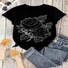 Edgy Black Roses Graphic T-Shirt, 100% Cotton Oversized Soft Breathable Casual Crewneck Short Sleeve Top, Romantic Aesthetic Summer Vibes Tee for Women & Flower Lovers - Negro - Ver 6