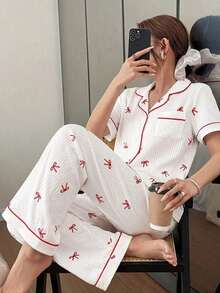 Conjunto de pijama para mujer con estampado de lazo a rayas en rosa, de manga corta y cuello solapa - Blanco - Ver 5