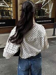 Chaqueta Holgada de Manga Larga con Estampado de Lunares para Mujer, Moda de Otoño, Cuello Alto con Cierre de Cremallera - Blanco - Ver 8