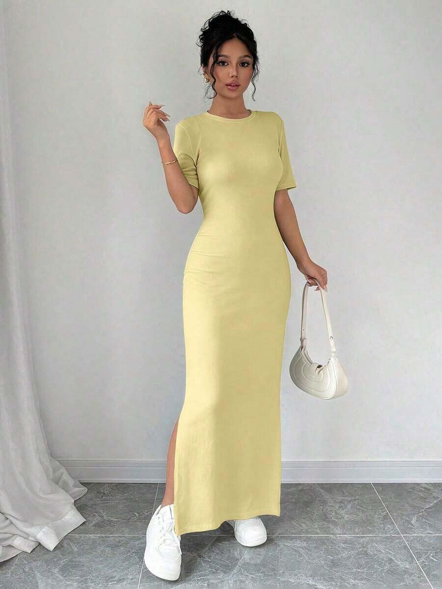 Vestido largo de mujer de manga corta con cuello en V y bajo dividido, de unicolor, vestido maxi elegante de color burdeos, vestido largo ajustado, vestido largo rojo, vestido maxi de manga corta para mujer, vestidos de mujer, vestido largo ajust - Amarillo claro - Ver 1