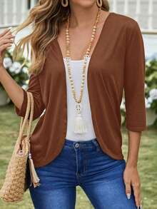 Chaqueta ligera de mujer de unicolor con abertura frontal y manga 3/4 casual - Marrón - Ver 7