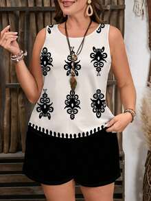Set de 2 piezas talla grande con top de tirantes estampado retro y pantalones cortos de unicolor, adecuado para el verano - Blanco y Negro - Ver 2