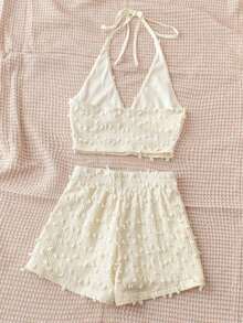 Conjunto de 2 piezas de top hálter de textura de ganchillo con estampado de lunares blancos y shorts de cintura elástica, para mujer en vacaciones de verano, estilo casual de playa - Multicolor - Ver 2