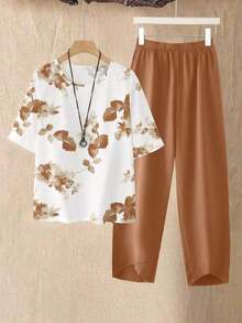 2 piezas Conjunto de top y pantalones casuales estampados para mujer - Camel - Ver 1