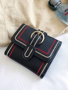 Cartera plegable de mujer con múltiples tarjetas, diseño de bloque de color bordado, portador multifuncional de tarjetas y efectivo con cierre de presión de metal - Negro - Ver 3