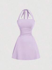 Vestido mini de mujer con cuello de halter y cintura ceñida en forma de A, vestidos de verano para mujer - Lila Púrpura - Ver 1