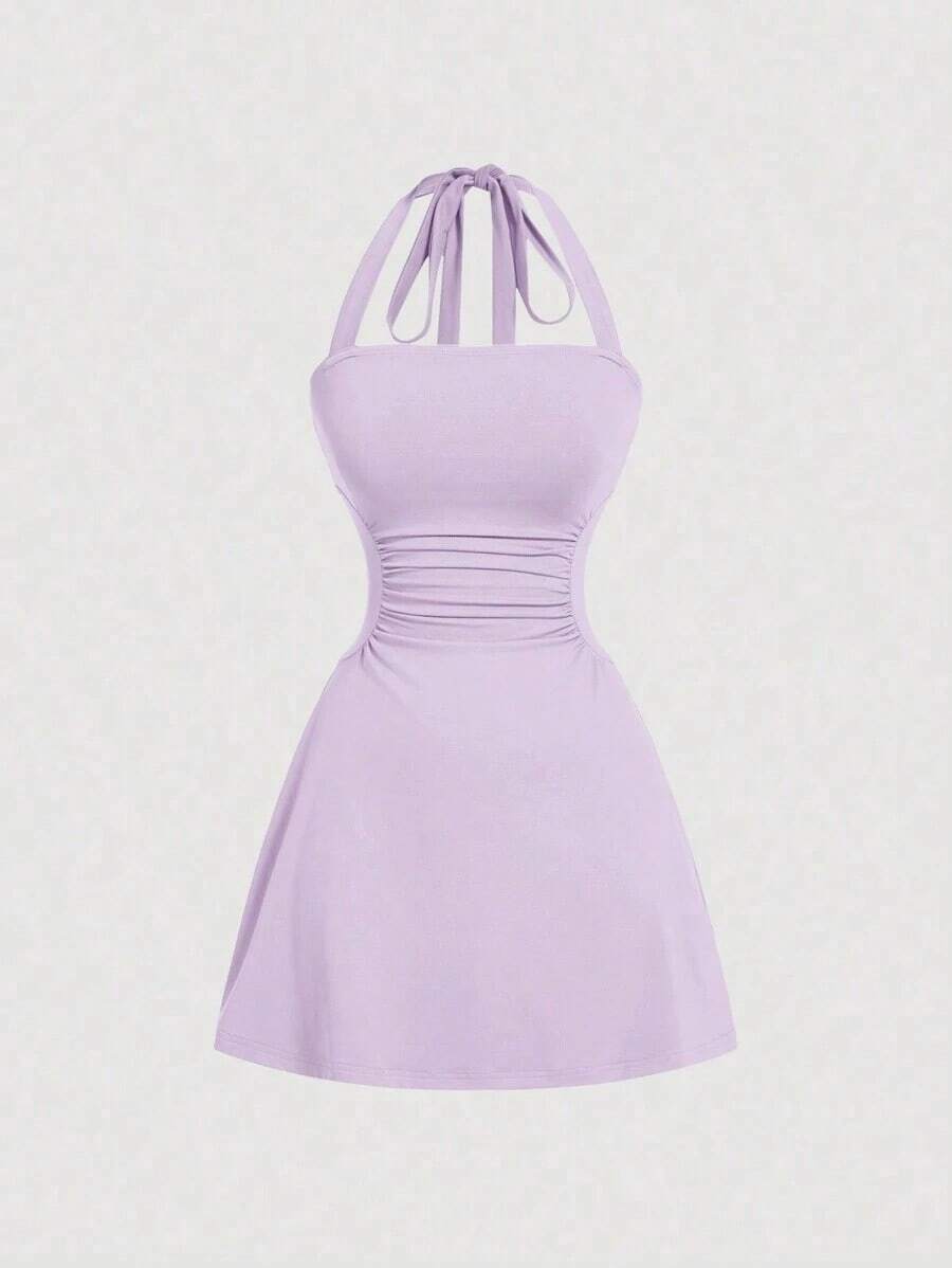 Vestido mini de mujer con cuello de halter y cintura ceñida en forma de A, vestidos de verano para mujer - Lila Púrpura - Ver 1