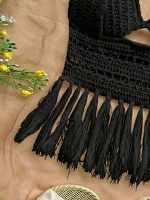 Top de punto con cuello de halter, bajo con flecos y cuentas para mujer, adecuada para vacaciones, citas, té de la tarde, playa, crucero, viaje a la ciudad, temporada de bodas, festival de música, vacaciones bohemias - Negro - Ver 4