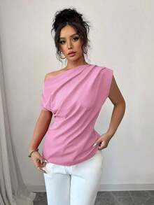 Blusa de unicolor con cuello asimétrico y plisado a la moda para mujeres - Rosa - Ver 7
