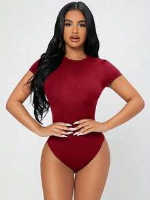 Body de mujer de manga corta, color blanco sólido, de uso versátil y casual - Burdeos - Ver 7