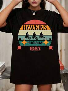 Hawkins, Indiana, 1985 Retro Sunset 80's Stranger Style Vintage Stripe T Shirt - Black - View 1