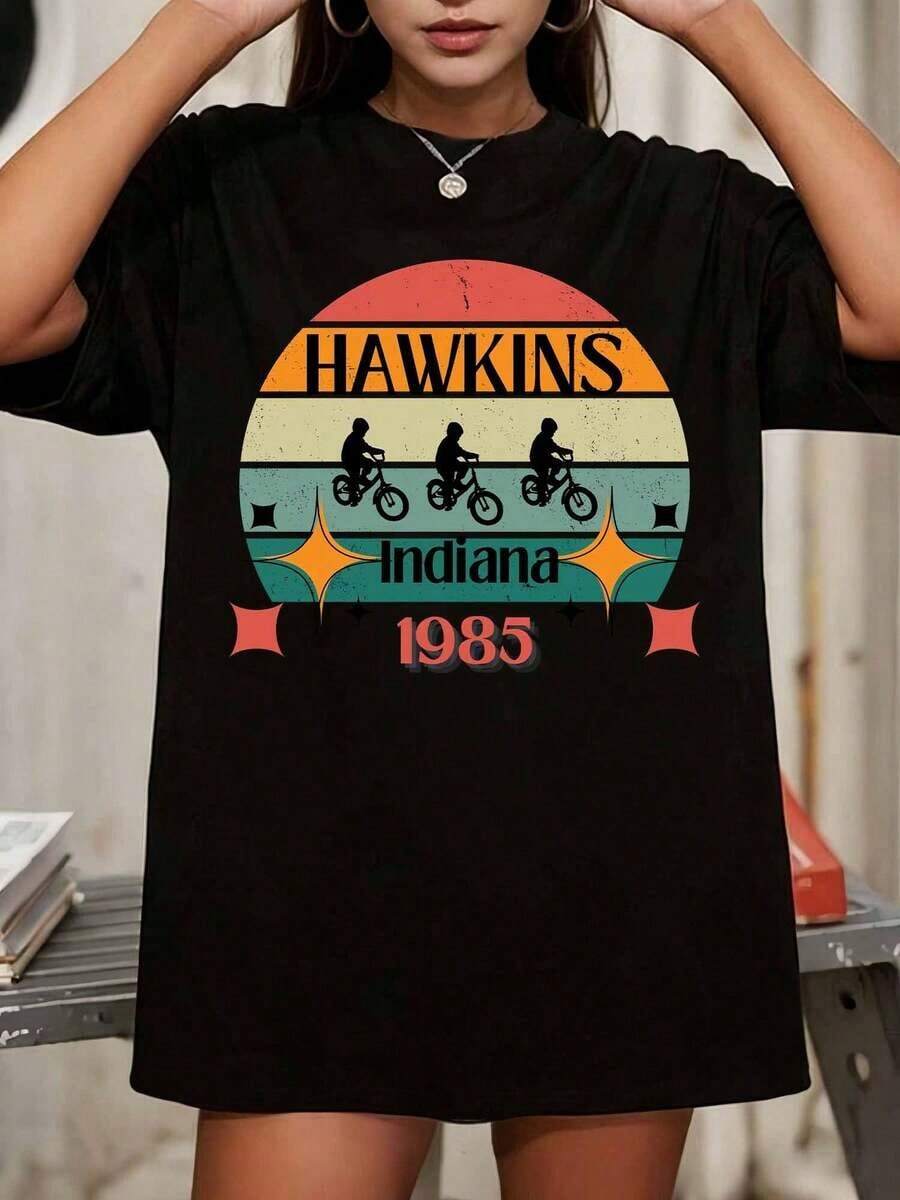 Hawkins, Indiana, 1985 Retro Sunset 80's Stranger Style Vintage Stripe T Shirt - Black - View 1