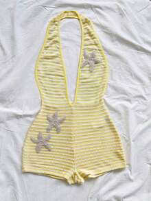 Body sexy de punto blanco con textura y patrón ondulado, escote en V profundo y espalda descubierta para mujer, elegante y ajustado, adecuado para fiestas, citas, té de la tarde, vacaciones boho, playa, atuendo de verano. - Amarillo 2 - Ver 3