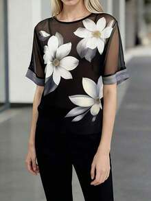 Blusa elegante de mujer con cuello redondo, de gasa con estampado floral transparente y manga corta, para vacaciones de verano en color negro - Negro - Ver 3