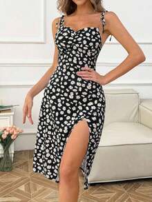 Vestido con estampado floral de margaritas, con tirantes de espagueti, fruncido y abertura alta, para vacaciones y salidas a la playa para mujeres - Negro 2 - Ver 3