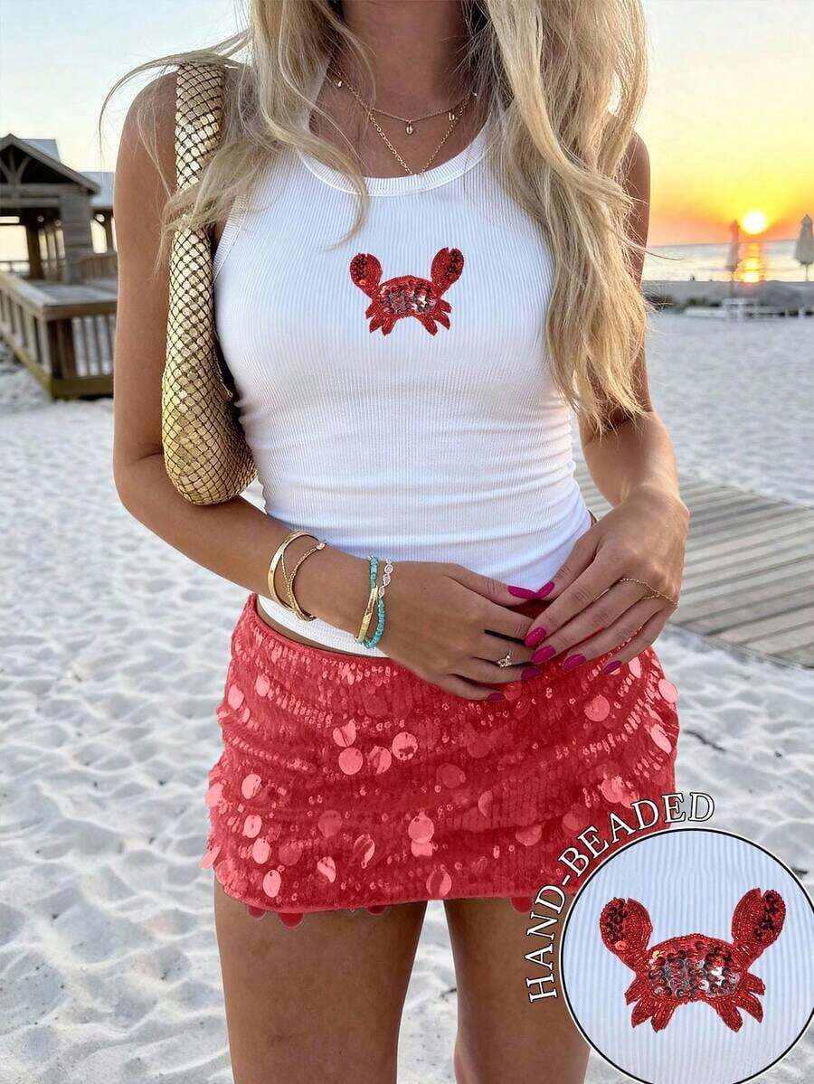 Top de camisola casual de vacaciones para mujer decorado con cuentas y estrellas de mar - Blanco 5 - Ver 1