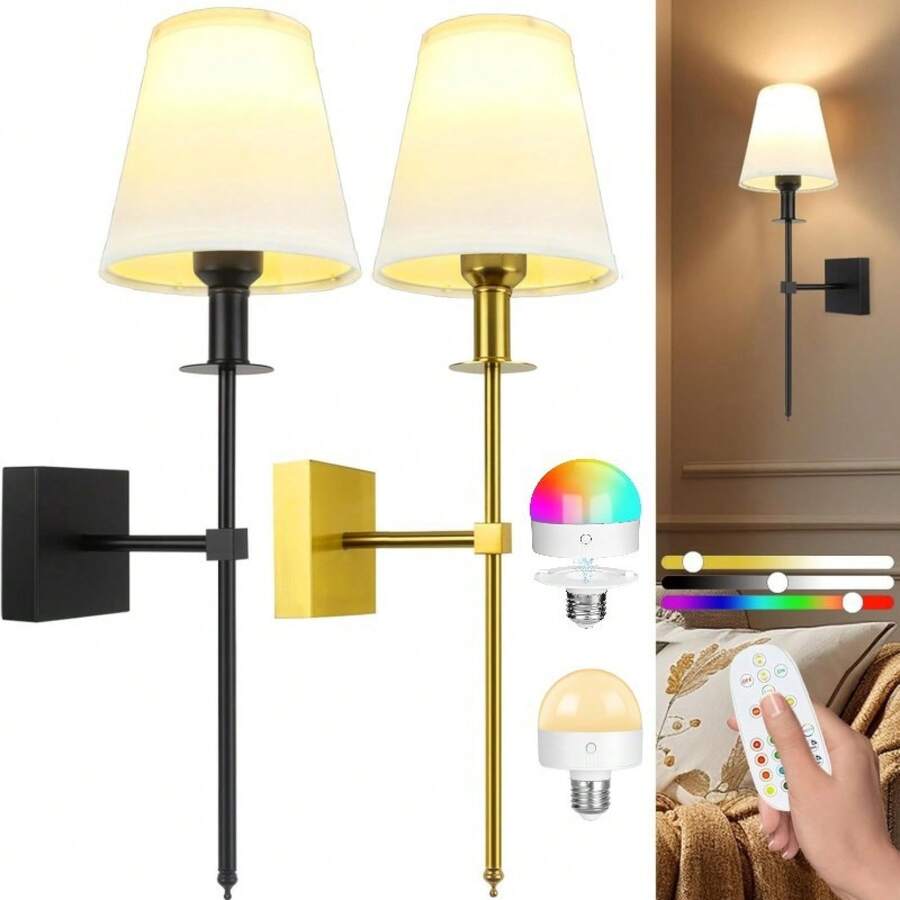 Juegos de lámparas de pared con batería, luces de pared recargables doradas con bombilla con control remoto magnético desmontable, 12 colores RGB y 3 temperaturas de color, lámpara de pared inalámbrica regulable para Lámpara de Pared Inalámbrica a Batería  para Dormitorio con Bombilla Extraíble + Control Remoto, Lámpara de Pared Decorativa para Pasillo, Vestíbulo o Alojamiento Temporal - Estilos plateados JK-2 - Paquete individual - Ver 1