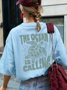 Women's Crew Neck T-Shirt With Summer Ocean Life Letter Print, Graphic Tee, White, Black, Pink Casual - 賽萊斯特 - 查看 6