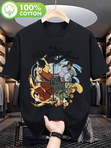 New 2026 Vintage Unisex T-Shirt With "The Last Airbender" Theme - Oversized Vintage Anime T-Shirt Featuring Iconic Characters And Designs (Fire/Earth), Printed Pattern, Suitable For Casual Wear And Makes A Great Gift. Perfect For Everyday Outfits And As A Present, Circus T-Shirt, Great For Holidays And Playtime, Excellent For Parties And Family Vacations, Party Attire, Summer Attire, Warm-Weather Clothing. - 黑色 - 查看 7