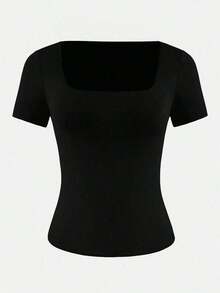 Camiseta ajustada de manga corta con cuello cuadrado de unicolor básico para mujer, blanco casual de verano - Negro - Ver 6