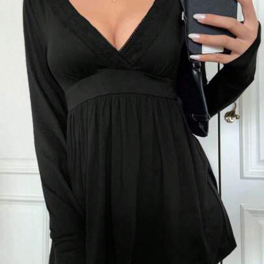 Sunshine Girl Sexy Fitted V-Neck Long Sleeve Knit Top, Casual Streetwear And Homewear For Summer Pink Spring - Negro - Ver 1