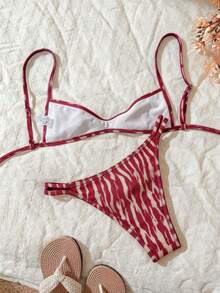 Set de 2 piezas Bikini de tirantes finos con estampado aleatorio para mujer, verano - Multicolor 13 - Ver 2