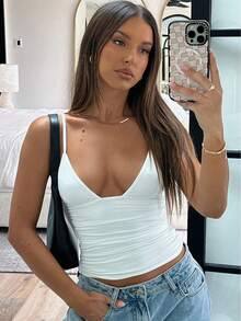Dulzura-Camisola ceñida fruncida sin mangas para mujer, Top Sexy liso para fiesta y Club, ropa de calle para otoño e invierno Y2K - BLANCO - Ver 6