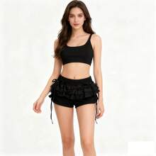 Novedad de verano, encaje de hoja de loto, color sólido, adelgazante, flor para mujer, lazo, banda elástica, pastel, falda floral dulce, pantalones para mujer Y2K emo - Negro - Ver 2