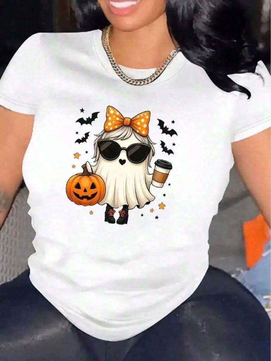 Women's Casual Short Sleeve Halloween T-Shirt, 1 Piece, 100% Heavy Cotton - Comfortable Round Neck, Soft And Adorable Loose And Comfortable T-Shirts - 白色的 - 查看 1