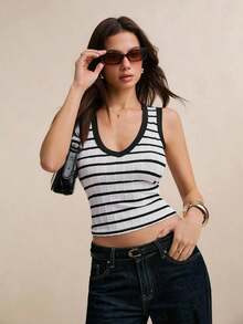 Camiseta de tirantes casual a rayas para mujer, de verano - Blanco y Negro - Ver 4