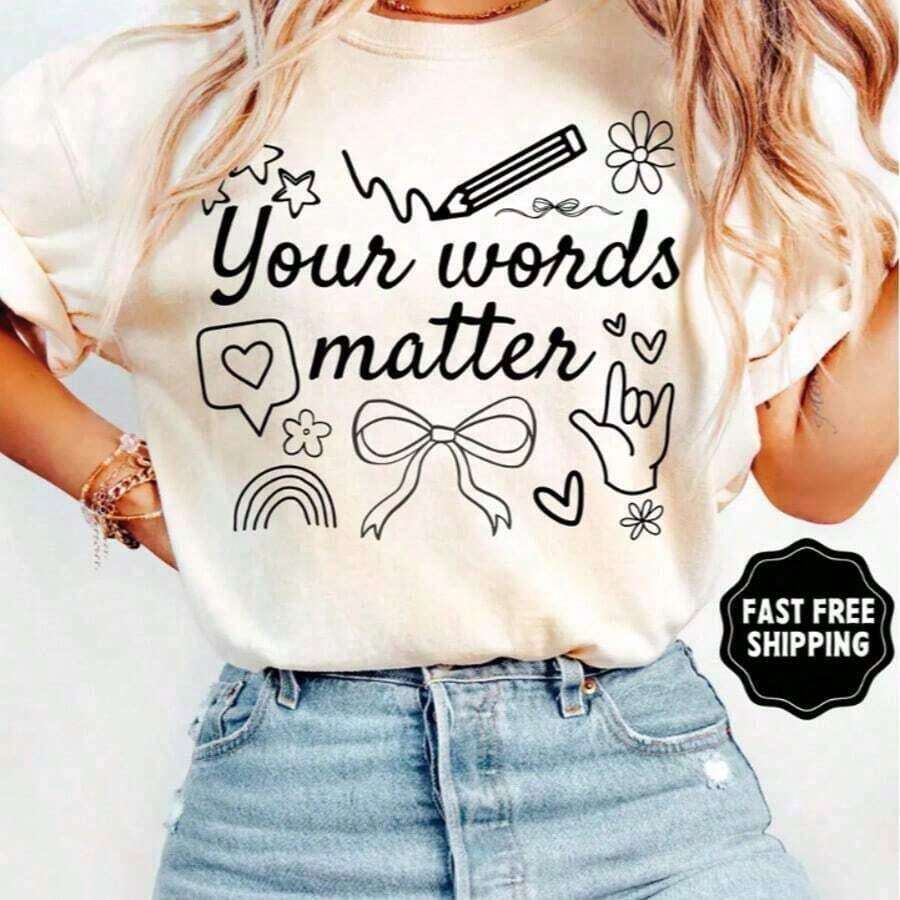 100% cotton Camisetas Gráficas, Camiseta "Tus Palabras Importan", Camiseta Sped, Regalo de Neurodiversidad, Camiseta de Educación Especial, Camiseta OT, Camiseta RBT, Camiseta de Terapia del Habla, Camiseta Casual de Algodón para Mujer, Regalo para el Día de la Madre - Blanco - Ver 1