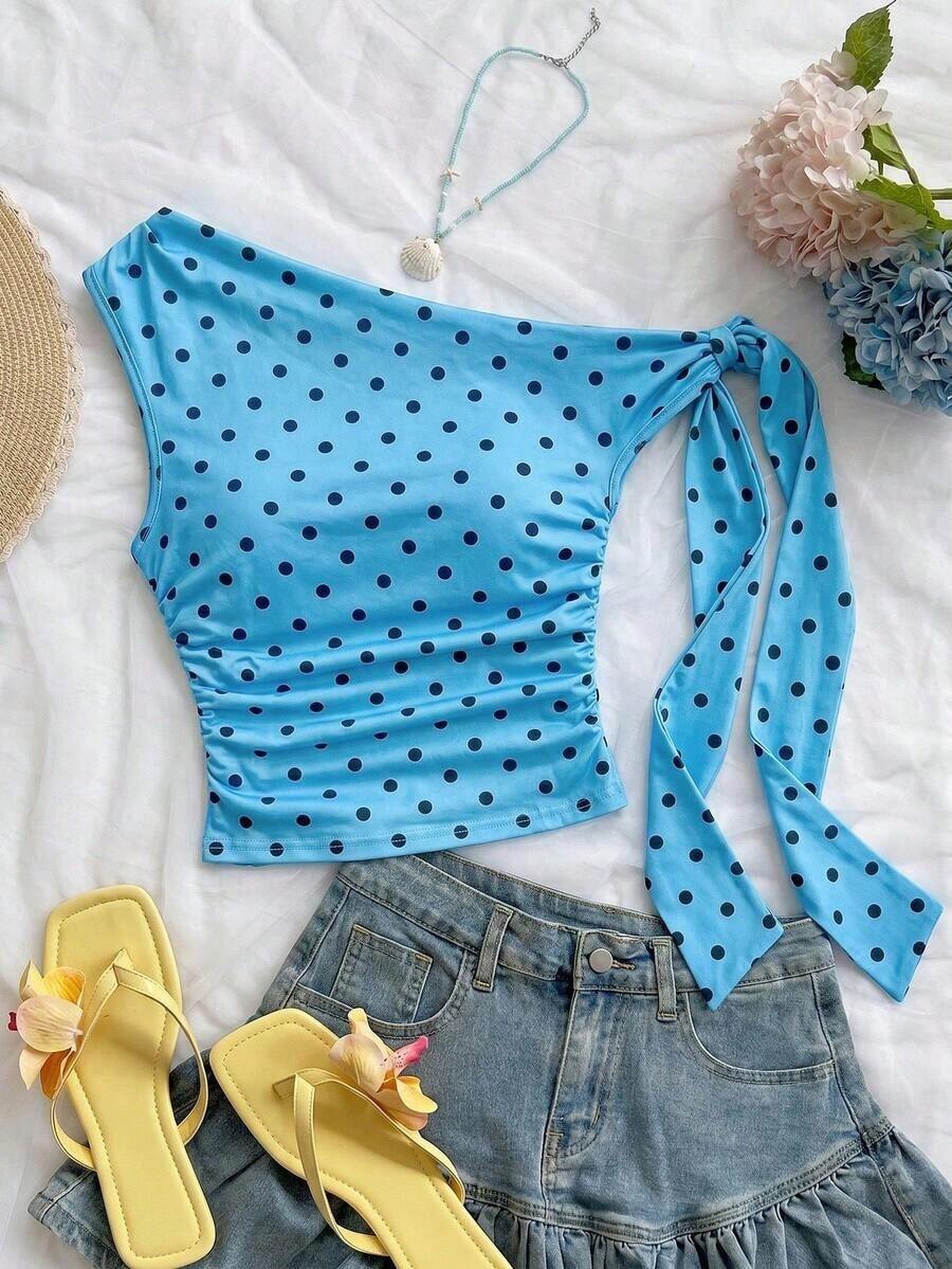para mujeres que salen a la playa en verano, vacaciones, parte superior de mujer de color amarillo claro con hombros asimétricos, tirantes de lazo, fluida y ajustada, adecuada para fiestas, vacaciones, festivales de música, estilo bohemi - Azul - Ver 1