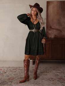 Vestido bohemio de estilo mini con cuello en V, hueco, de ganchillo, parches, manga larga, cintura elástica y bajo suelto, en color albaricoque, para mujer, para otoño/invierno - Albaricoque - Ver 9