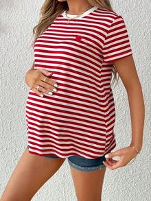 Camiseta De Maternidad De Cuello Redondo A Rayas De Manga Corta Para Verano - Rojo - Ver 8