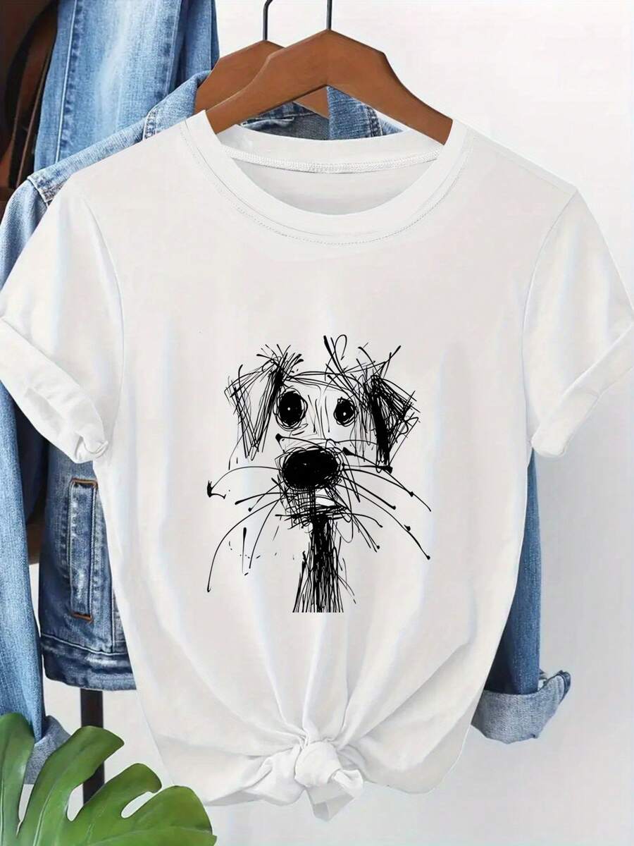 Camiseta de mujer con estampado de perro desordenado, camiseta casual de manga corta, top estampado de manga corta y cuello redondo adecuado para todas las estaciones. - Blanco - Ver 1