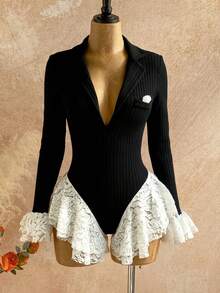 Women's 2026 Spring/Summer Long Sleeved Knitted V-Neck Short Skirt Sweater Dress - màu đen - Xem 6