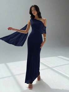Vestido de mujer de unicolor con hombros asimétricos - Azul marino - Ver 4