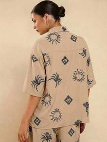 Camisa de lino negra de manga corta con bordado para mujer, camisa bordada casual, camisa negra de manga corta, camisa negra, camisa de vacaciones - Caqui - Ver 2