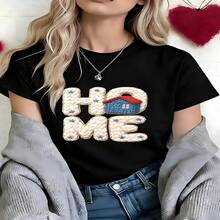 Home Sweet Home Graphic T-Shirt, 100% Cotton Oversized Soft Breathable Casual Crewneck Short Sleeve Top, Retro Summer Vibes Streetwear Style Tee For Women & Home Lovers - 黑色 - 查看 5