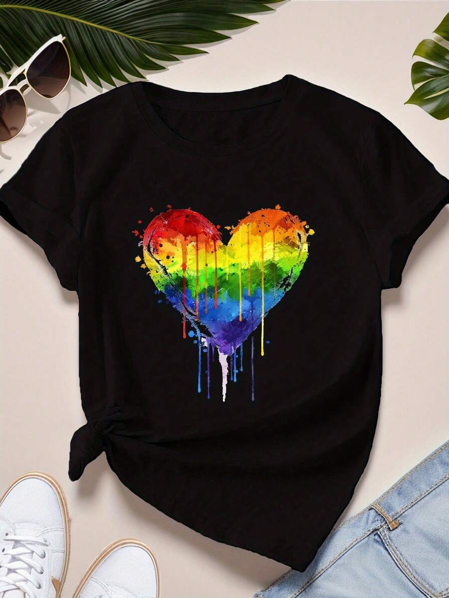 Women's Short-Sleeved Sports T-Shirt With Heart Paint Splatter Print, Size [Size Missing] - Black - View 1