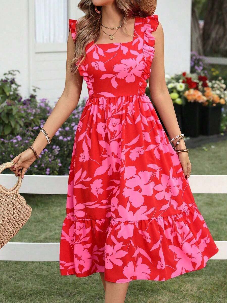 Vestido de verano de estilo bohemio con cuello cuadrado y estampado floral, con volantes en el bajo, elegante vestido de vacaciones en color rojo - Rojo - Ver 1