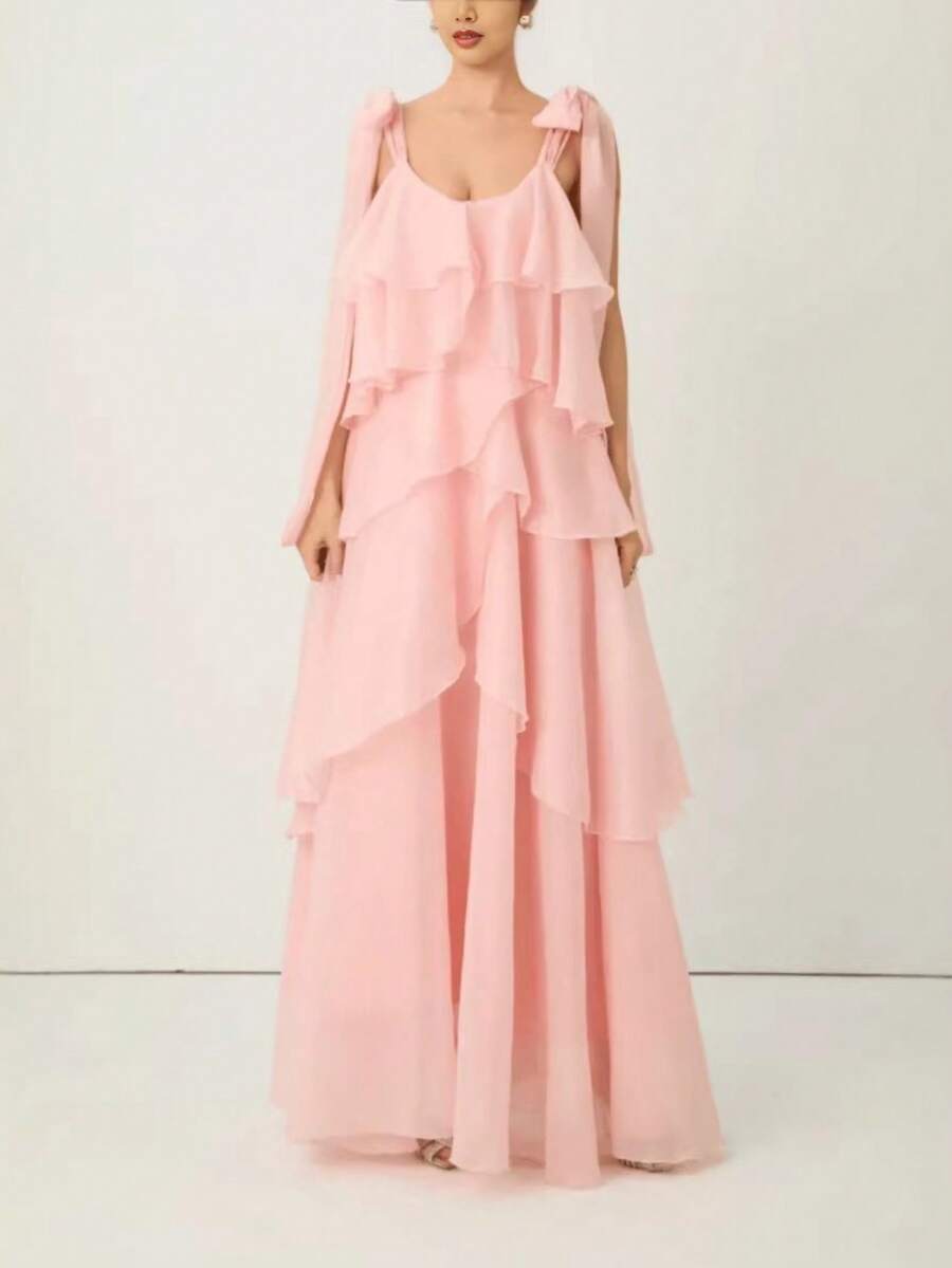 Nuevo vestido largo vacacional estilo dulce, tirantes finos, diseño pastel de múltiples capas, moda europea y americana - Rosa - Ver 1