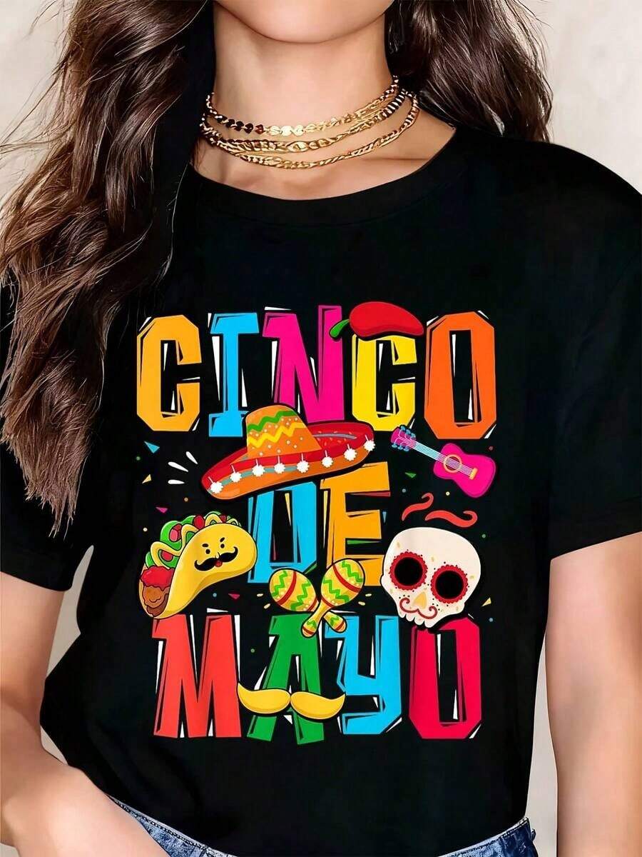 Camiseta de Mujer con Diseño Gráfico Coreano, Diseño Colorido de Fiesta del Cinco de Mayo, Casual, Cuello Redondo, Manga Corta, Perfecta como Regalo de Cumpleaños, Adecuada para Usar en Todas las Temporadas, para Uso Diario al Aire Libre, Top de Verano - Negro - Ver 1