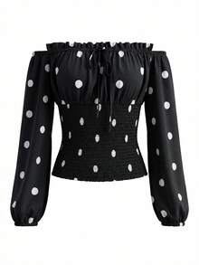 Women's Fashion Polka Dot Petal Sleeve Off Shoulder Chiffon Blouse Vacation - Black and White - View 3
