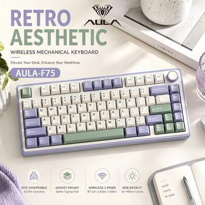 AULA F75 可定制机械键盘，蓝牙无线连接，75% 布局，81 键，密封结构，RGB 背光，全热插拔轴体，多功能旋钮，便携实用，专为游戏玩家设计，适用于游戏和办公用途。